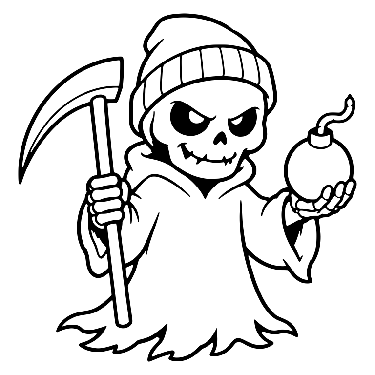 Grinning Beanie Reaper Holding a Bomb and Scythe — free characters SVG cut file
