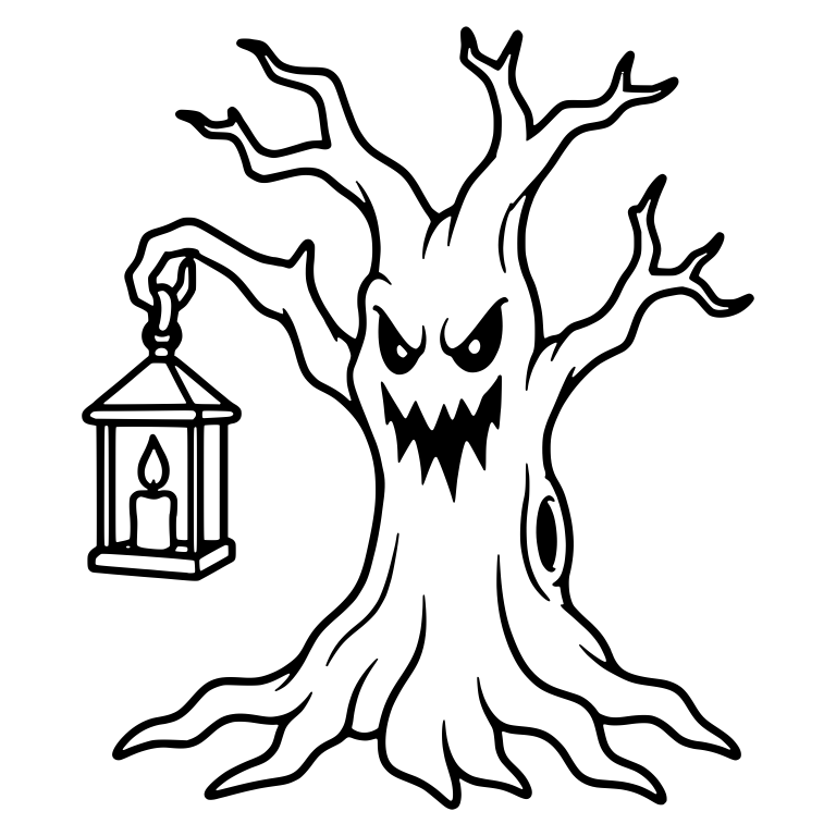 Fanged Angry Tree Holding Lantern on Left Branch — free fantasy-creature SVG cut file