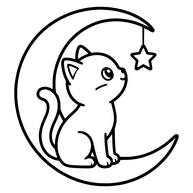 Kawaii Cat on Crescent Moon Gazing Up at a Hanging Star — free animal SVG cut file