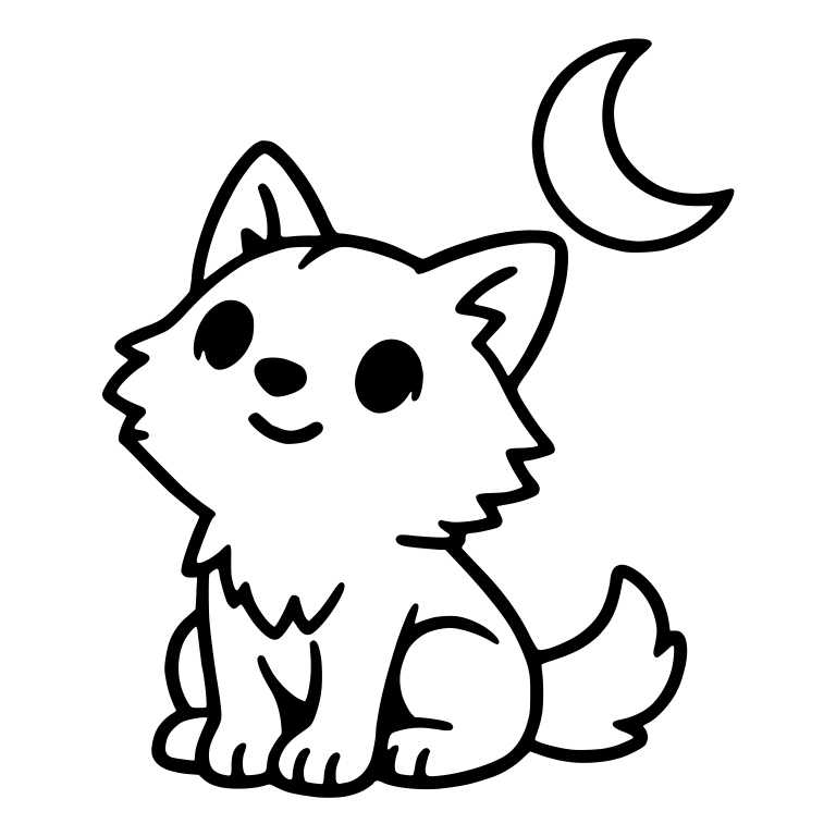 Smiling Wolf Pup Sitting Below Crescent Moon — free animal SVG cut file