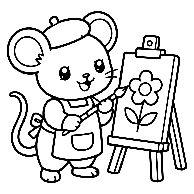 Kawaii Mouse in a Beret Painting a Flower on an Easel — free animal SVG cut file