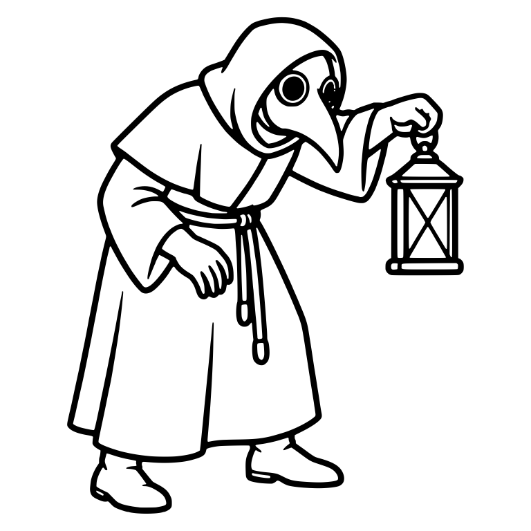 Hooded Plague Doctor Stooping with Rope Belt and Lantern — free characters SVG cut file