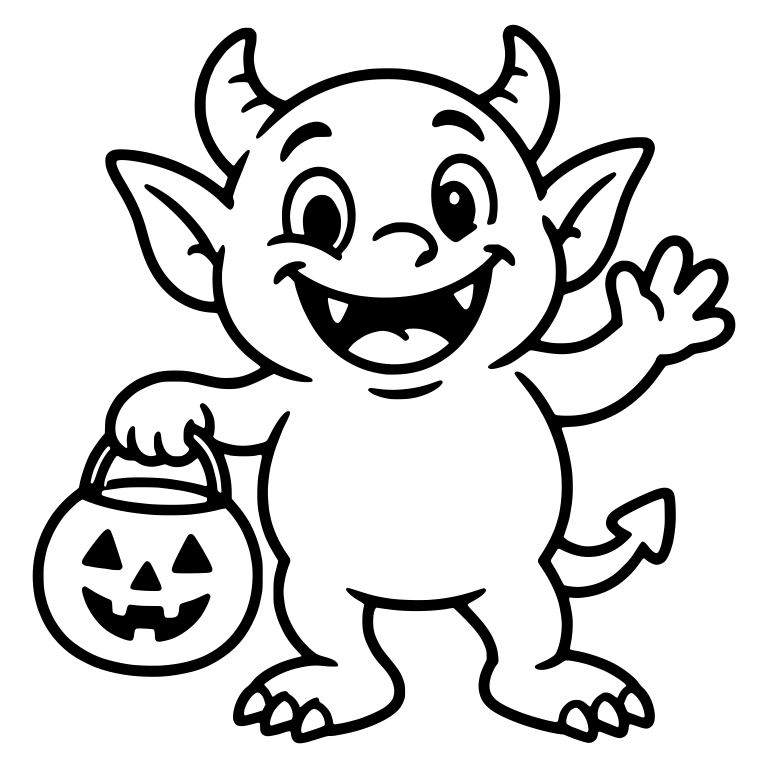 Little Horned Monster Waving With Pumpkin Pail — free fantasy-creature SVG cut file