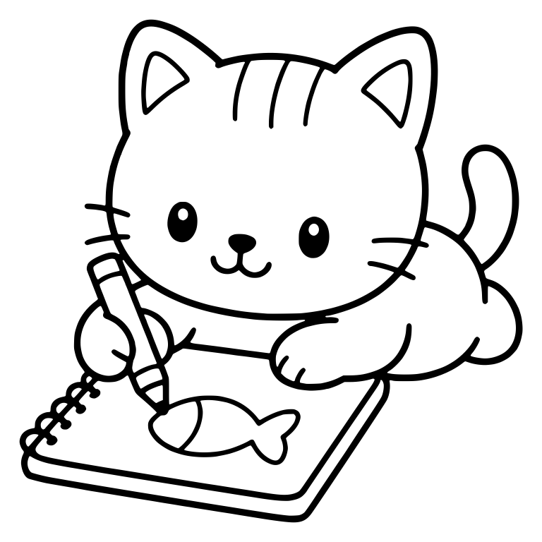 Tabby Kitten Drawing a Fish in a Spiral Sketchbook — free animal SVG cut file