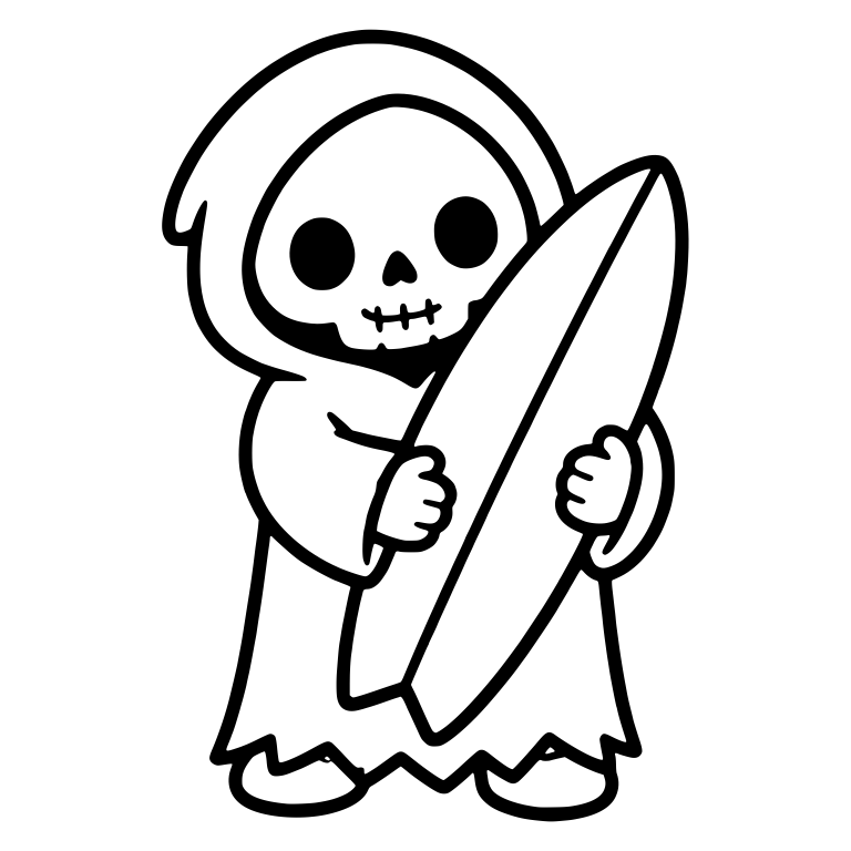 Kawaii Grim Reaper Hugging a Surfboard — free characters SVG cut file