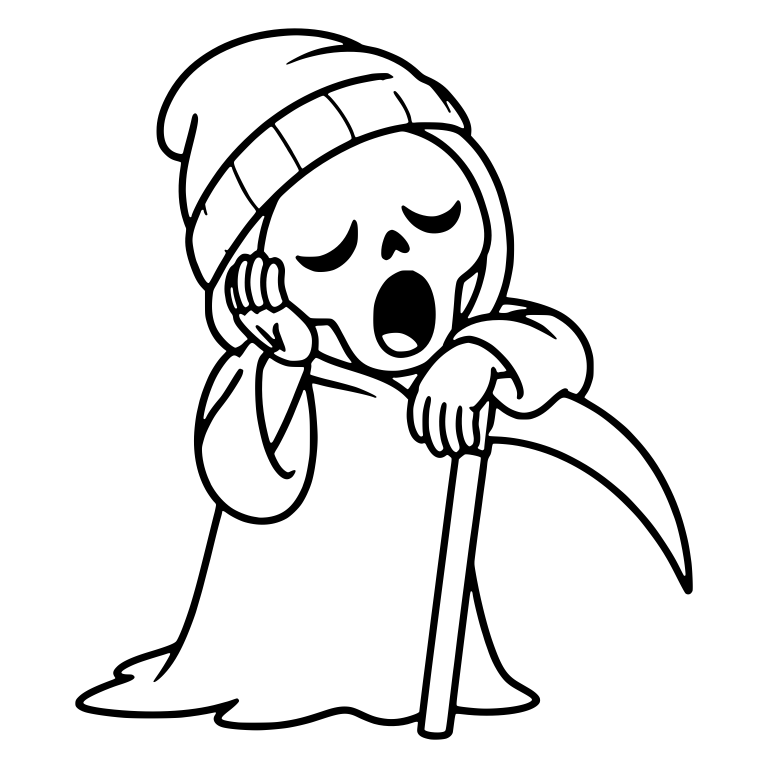 Yawning Beanie Reaper Leaning On Scythe With Hand On Cheek — free characters SVG cut file