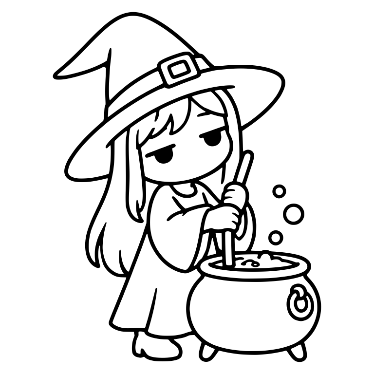 Standing Bored Witch Stirring Bubbling Cauldron — free characters SVG cut file