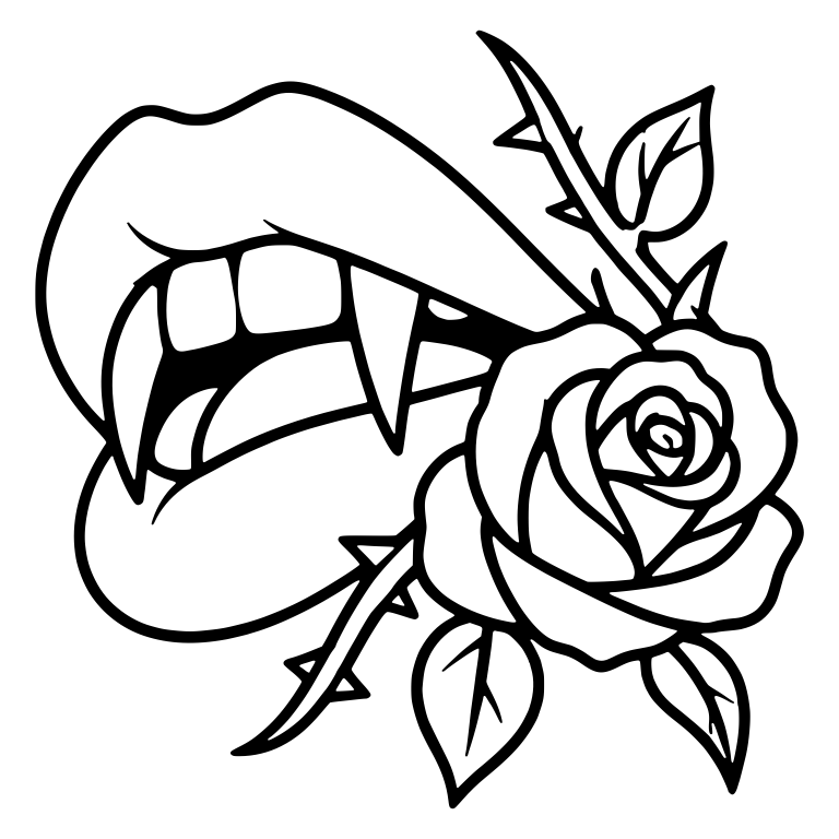 Tilted Vampire Mouth with Rose and Thorny Stem — free fantasy-creature SVG cut file