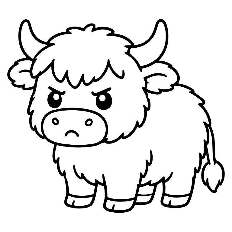 Annoyed Fluffy Highland Cow Standing Three-Quarter View — free animal SVG cut file
