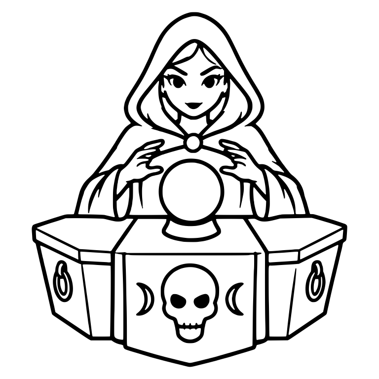Hooded Fortune Teller at Coffin Table With Skull Emblem — free characters SVG cut file