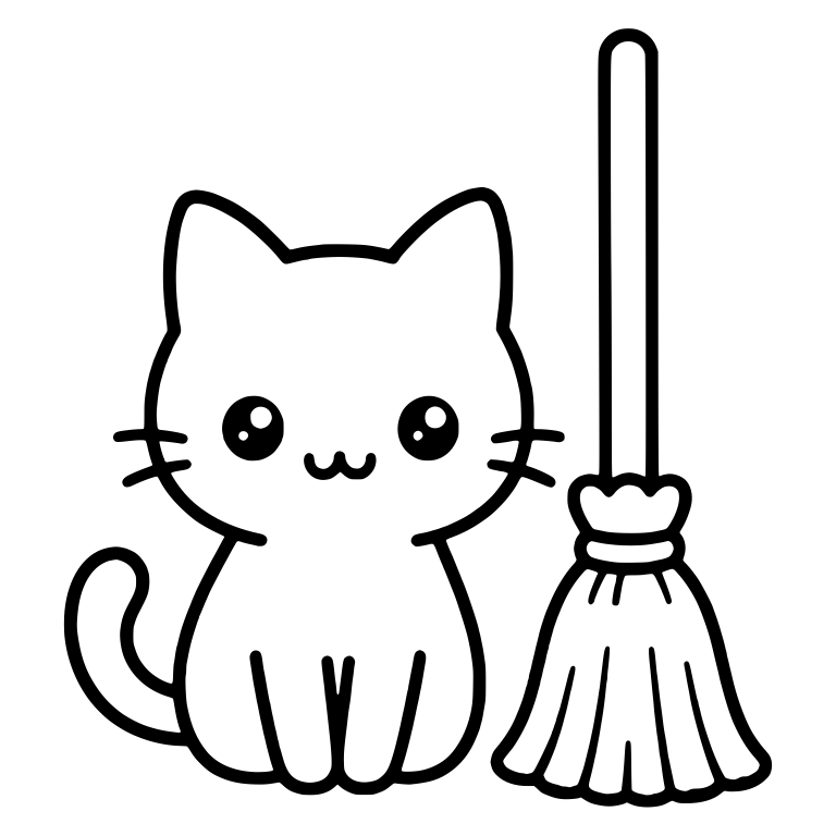 Sitting Kawaii Cat Beside Tall Upright Broom — free animal SVG cut file