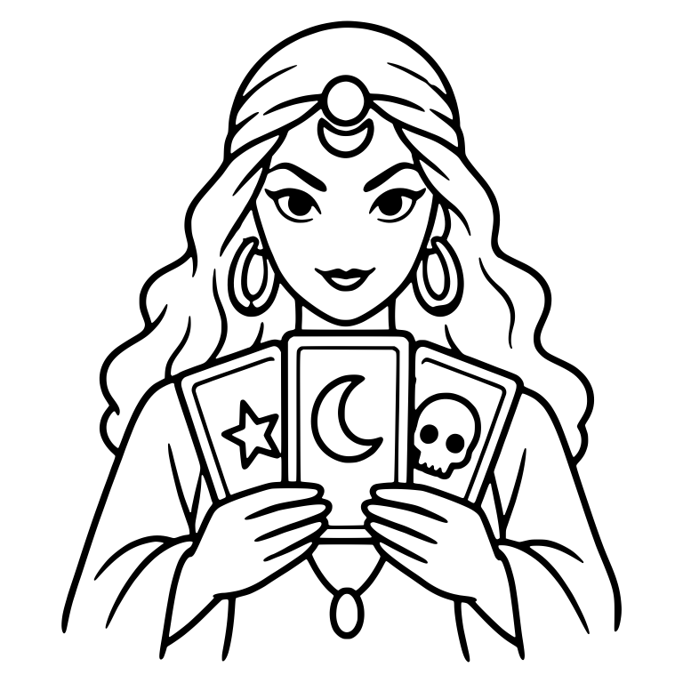 Fortune Teller Holding Moon Star and Skull Tarot Cards — free characters SVG cut file