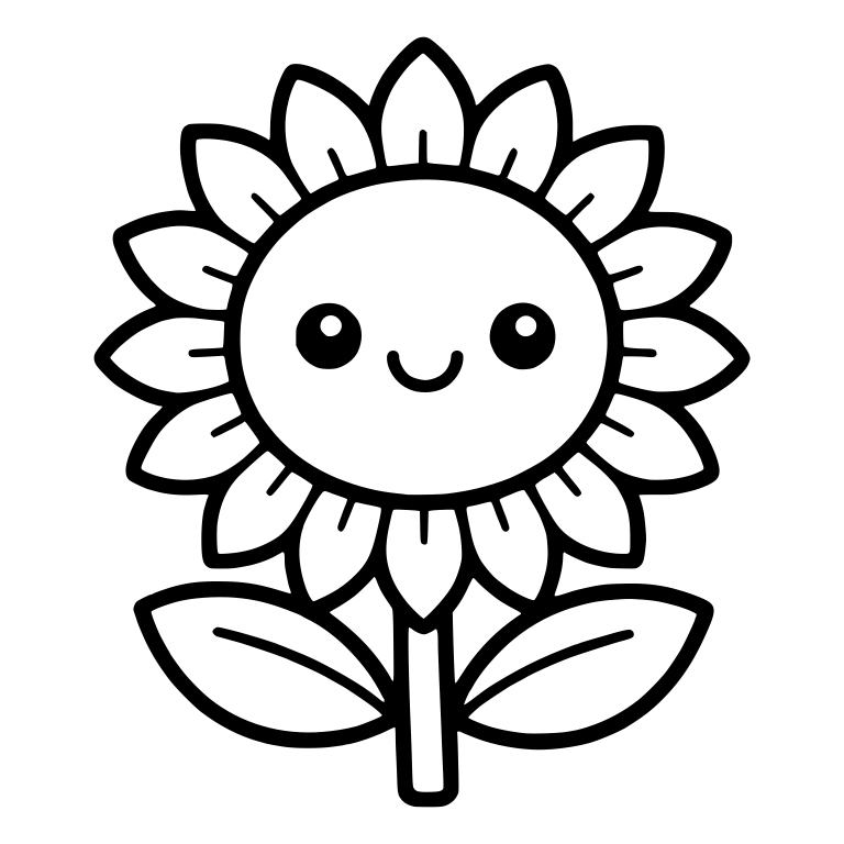 Kawaii Sunflower With Tick-Mark Petals and Smooth Leaves — free floral SVG cut file