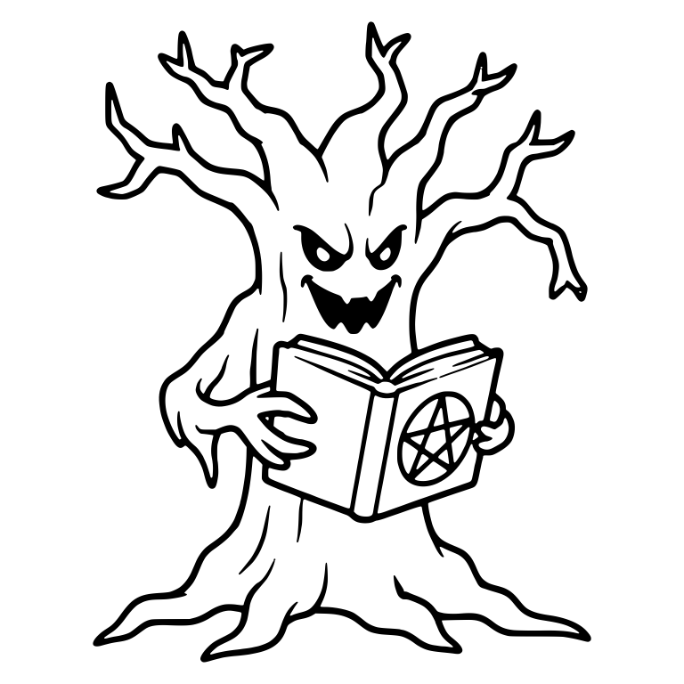 Grinning Tree Reading a Pentagram Spellbook — free floral SVG cut file