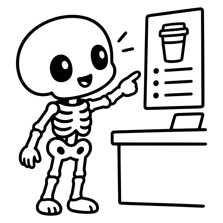 Kawaii Skeleton Ordering Coffee at Counter Menu Board — free skeleton SVG cut file