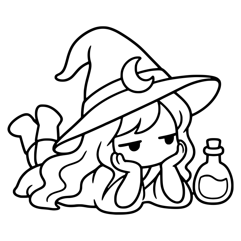 Bored Witch Lying on Stomach with Potion Bottle — free characters SVG cut file