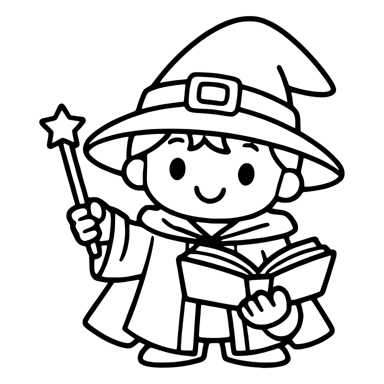 Smiling Wizard Kid with Buckle Hat, Star Wand and Book — free characters SVG cut file
