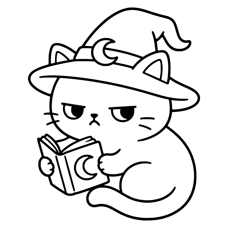 Grumpy Witch Kitten Reading Spellbook With Crescent Moons — free animal SVG cut file