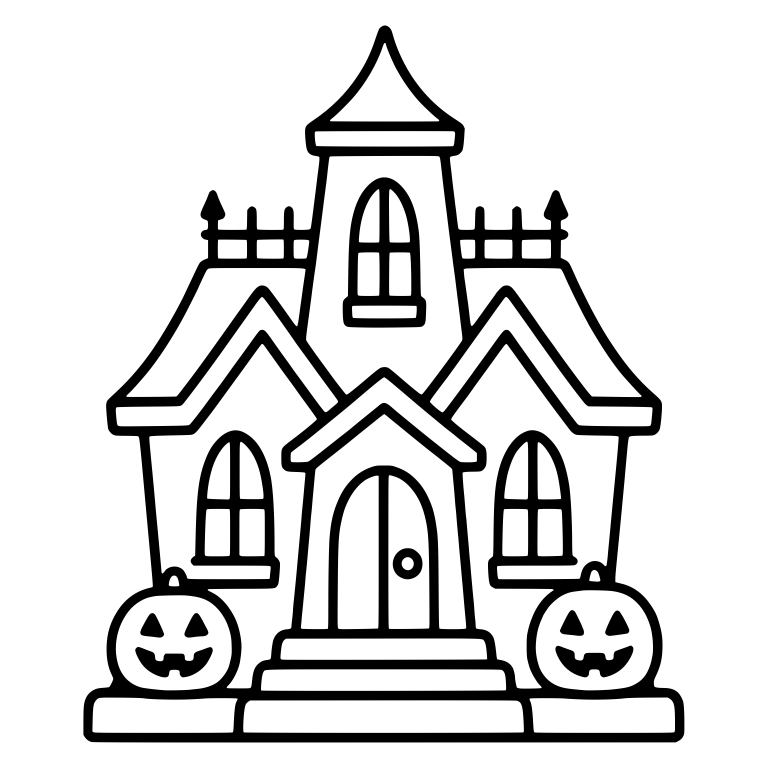 Haunted House With Tower and Two Jack-o'-Lanterns — free objects SVG cut file