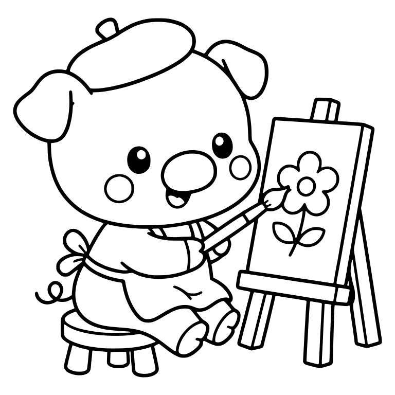 Piglet in Beret Painting a Flower on an Easel — free animal SVG cut file
