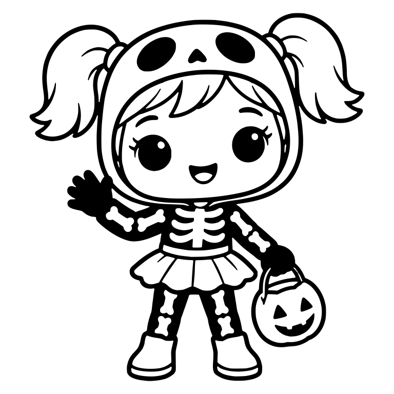 Skeleton Costume Girl With Pigtails Waving Hello — free characters SVG cut file
