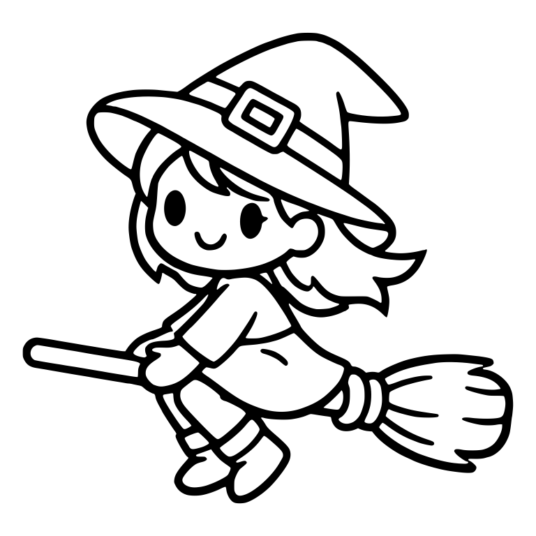 Smiling Witch Girl Riding Broom with Flowing Hair — free characters SVG cut file