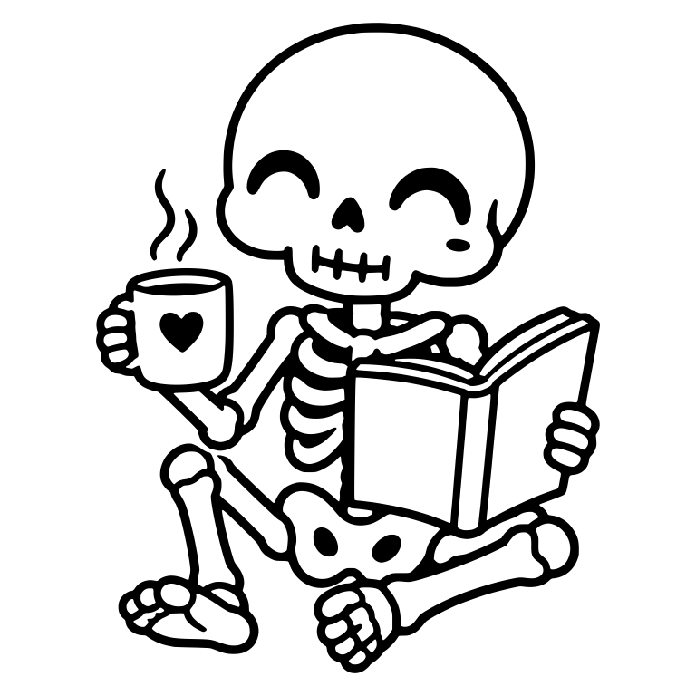 Skeleton Reading a Book with a Heart Coffee Mug — free skeleton SVG cut file