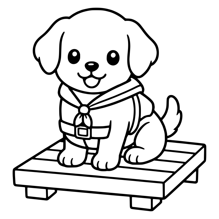 Puppy in Buckled Life Vest Sitting on Wooden Dock — free animal SVG cut file