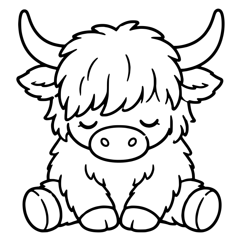 Sleepy Sitting Highland Cow With Long Horns and Long Bangs — free animal SVG cut file
