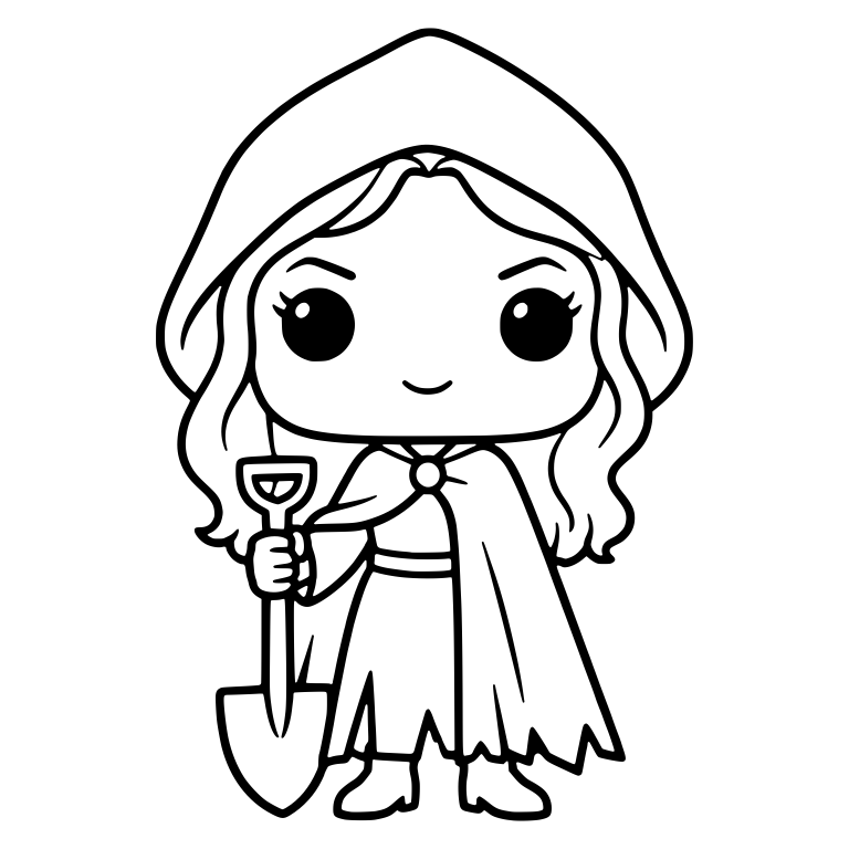 Hooded Cape Girl With Long Wavy Hair and Shovel — free characters SVG cut file