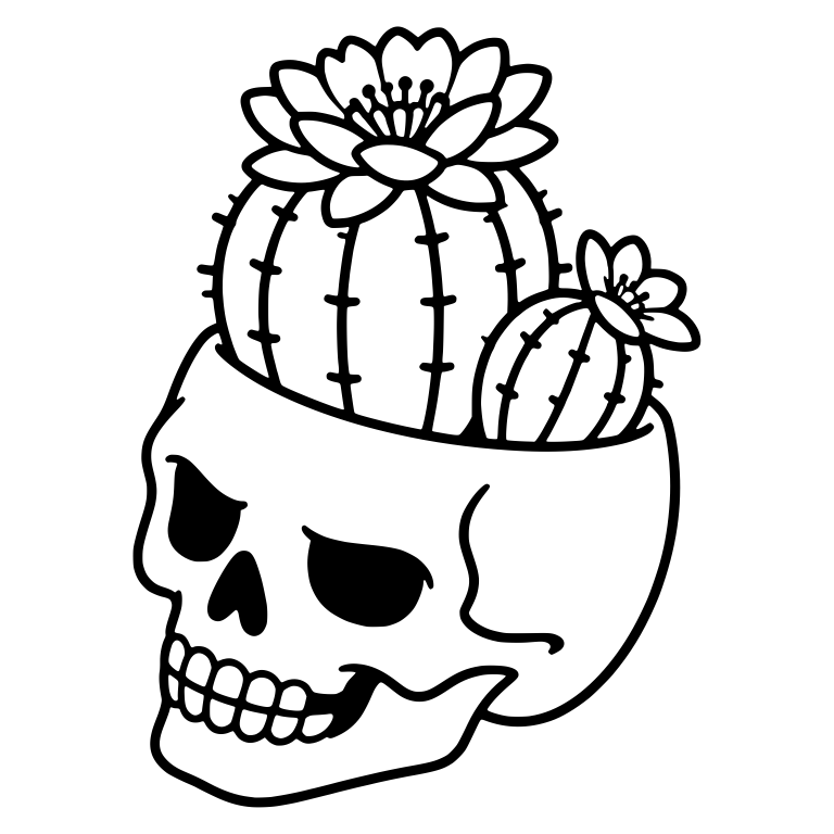 Grumpy Tilted Skull Planter With Flowering Barrel Cactus — free skeleton SVG cut file