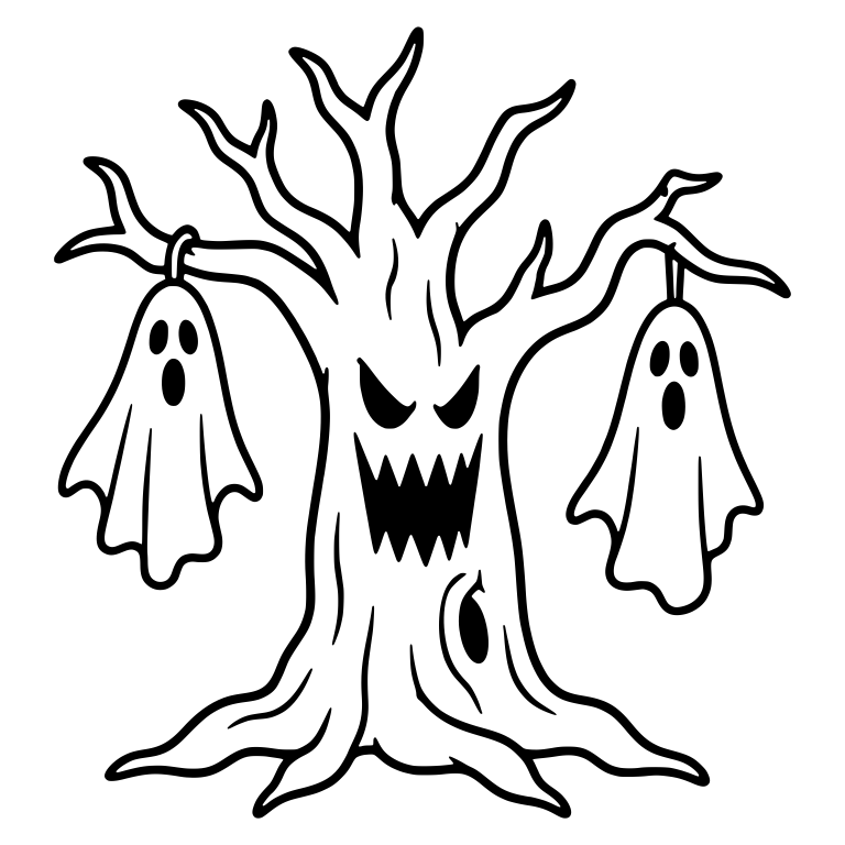 Snarling Haunted Tree with Two Hanging Sheet Ghosts — free floral SVG cut file