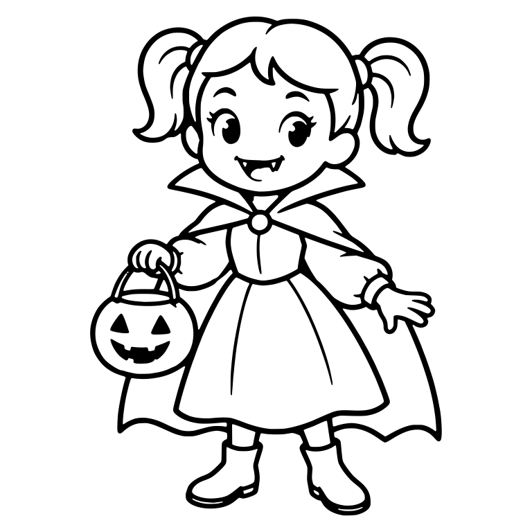 Girl Vampire Costume Holding Pumpkin Candy Bucket — free characters SVG