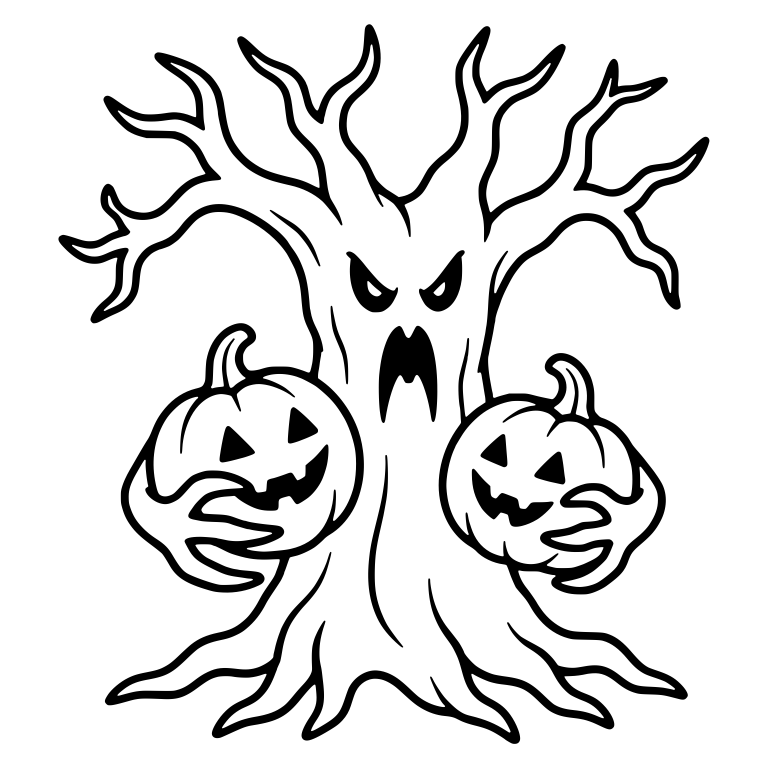 Spooky Tree Gripping Two Jack-o'-Lantern Pumpkins — free floral SVG cut file