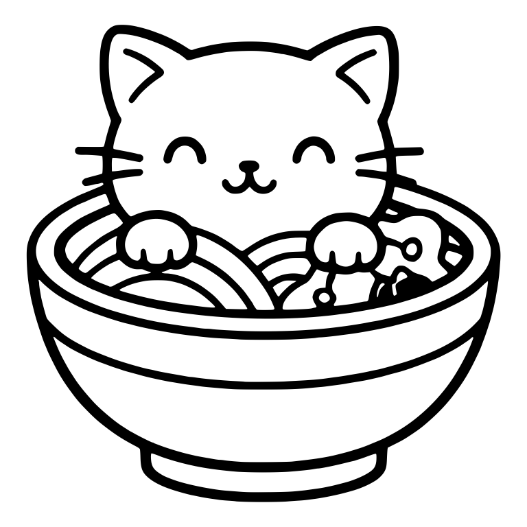 Cat With Closed Eyes And Small Smile In Ramen Bowl — free animal SVG cut file