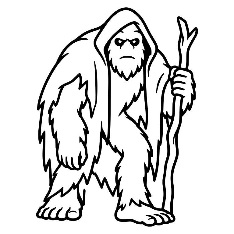 Hooded Bigfoot Leaning on a Forked Walking Stick — free fantasy-creature SVG cut file