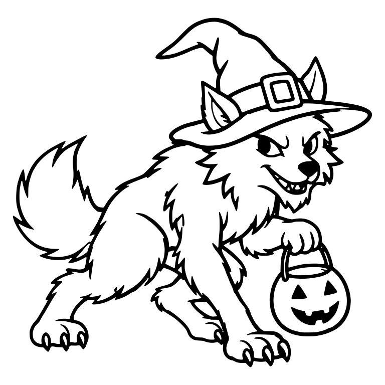 Grinning Wolf in Witch Hat with Pumpkin Pail — free animal SVG cut file