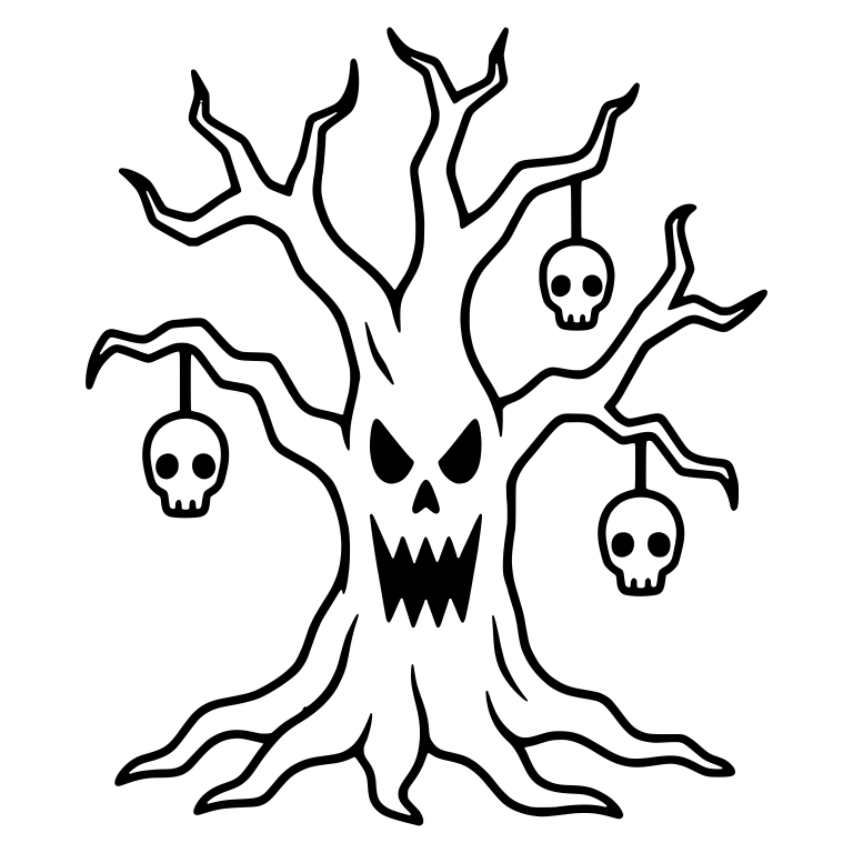 Angry Tree with Triangle Nose and Three Skulls on Strings — free fantasy-creature SVG cut file