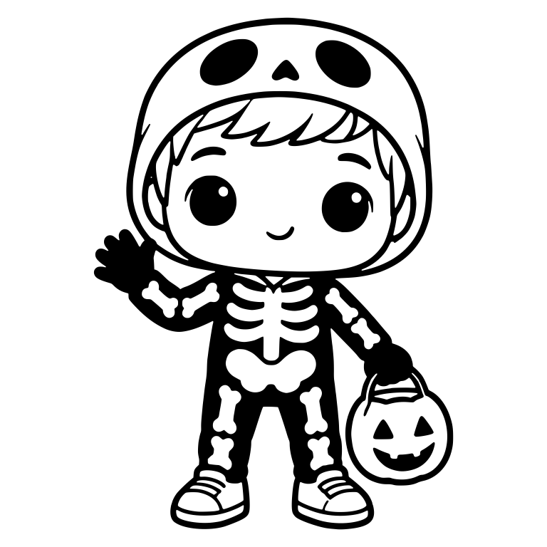 Skeleton Costume Kid In Skull Hood Waving Hello — free characters SVG cut file