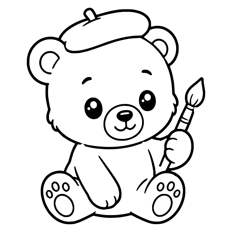 Kawaii Bear Cub in a Beret Holding a Paintbrush — free animal SVG cut file
