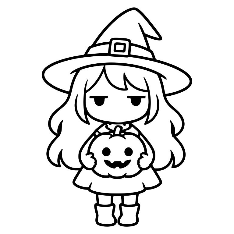 Bored Witch Holding Jack-o'-Lantern With Long Hair — free characters SVG cut file