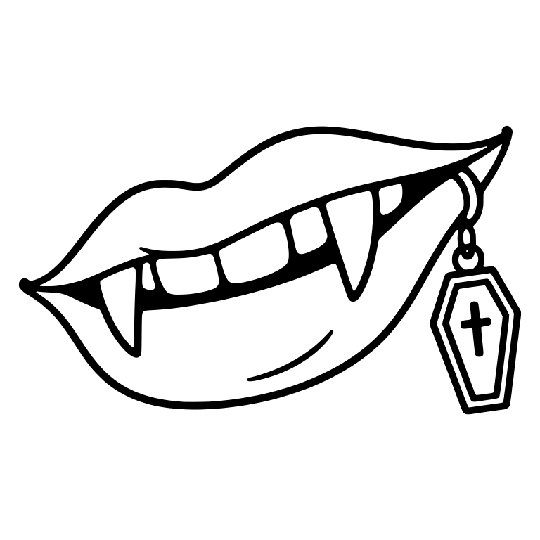 Sideways Vampire Mouth with Coffin Charm at Lip Corner — free fantasy-creature SVG cut file