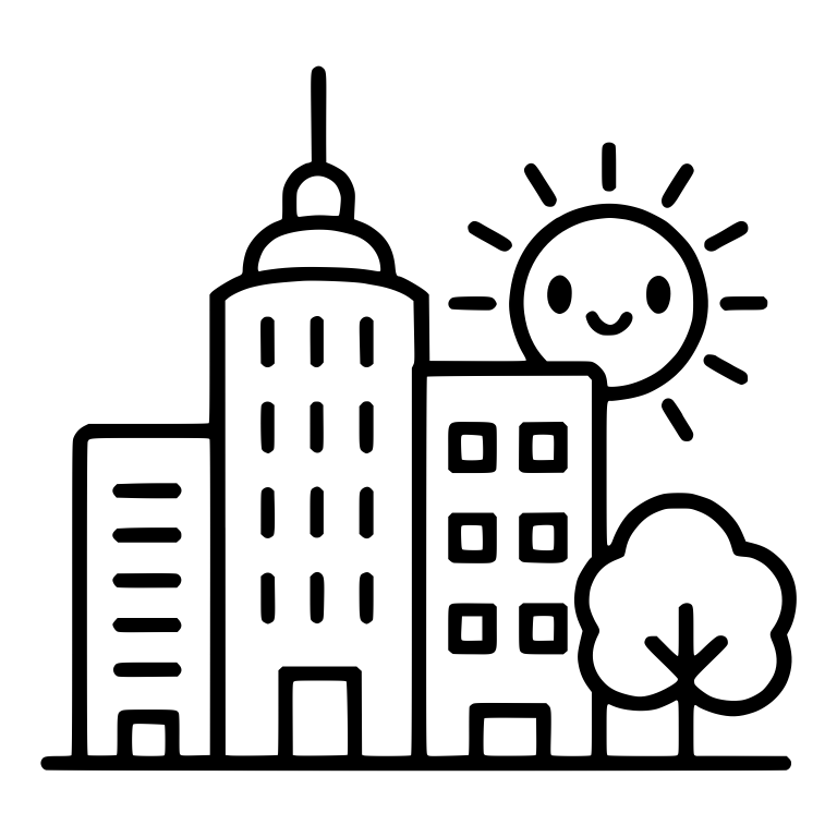 Cute City Skyline with Smiling Sun and Tree — free floral SVG cut file