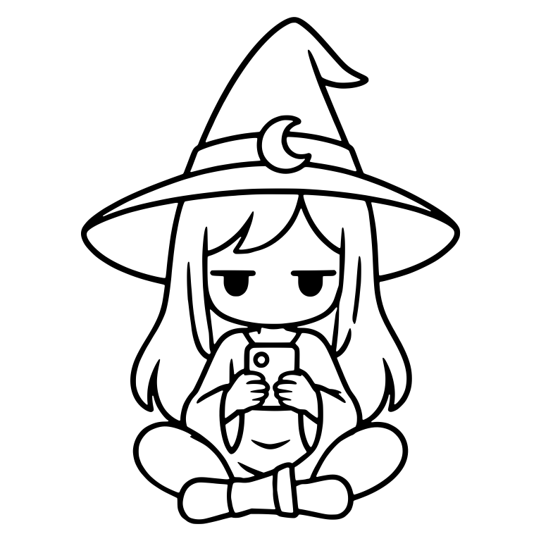 Cross-Legged Witch with Crescent Moon Hat Holding Phone — free characters SVG cut file