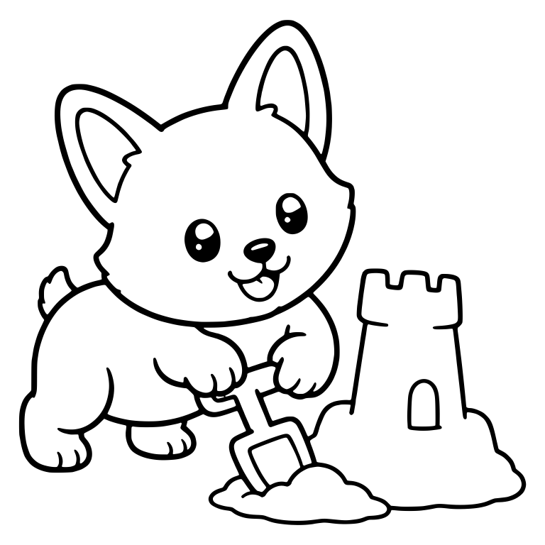 Corgi Puppy Digging by Sandcastle with Shovel — free animal SVG cut file