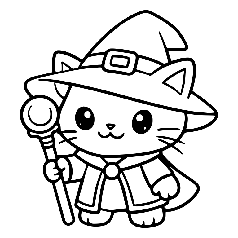 Witch Cat in Buckled Hat Holding a Magic Staff — free animal SVG cut file