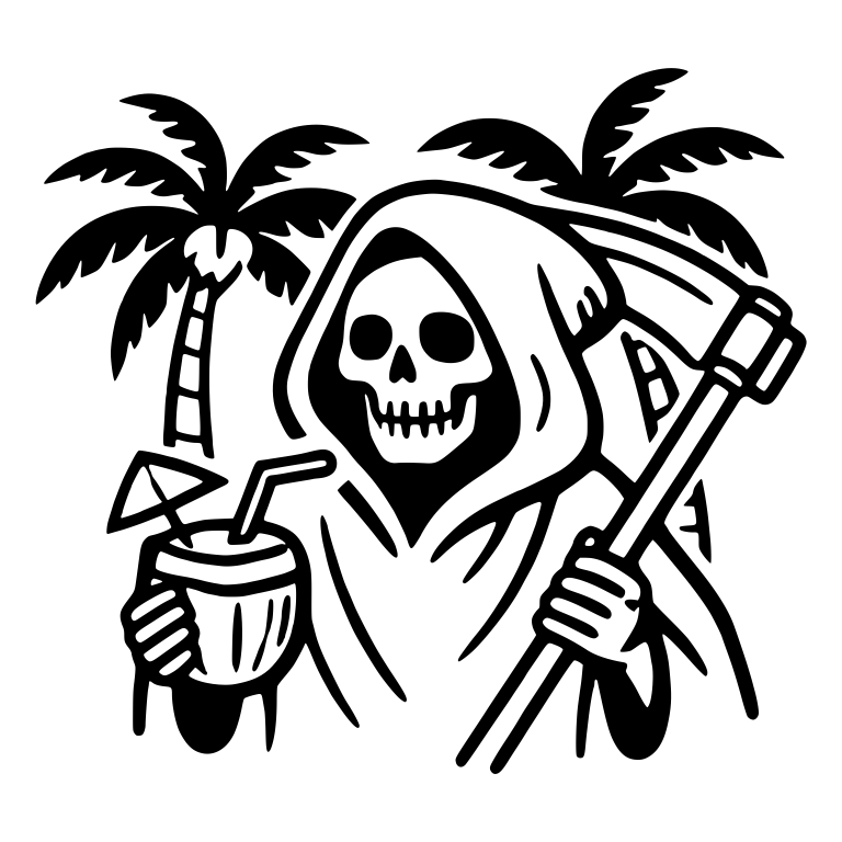 Reaper with Coconut Drink and Two Palm Trees — free characters SVG cut file