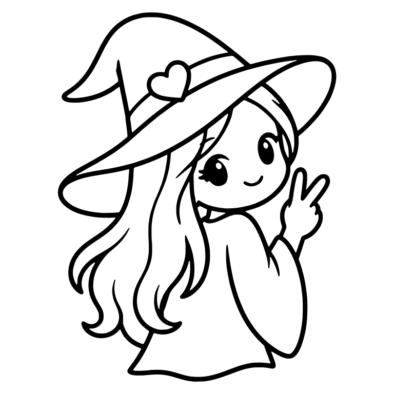 Long-Haired Witch With Heart Hat Flashing Peace Sign — free characters SVG cut file