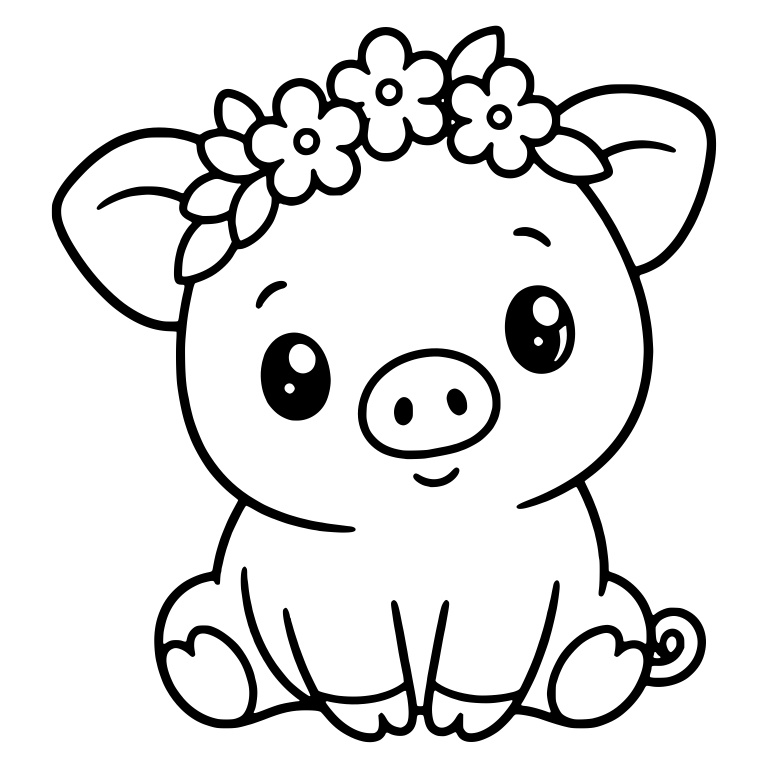 Sitting Piglet in Flower Crown with Closed-Mouth Smile — free animal SVG cut file