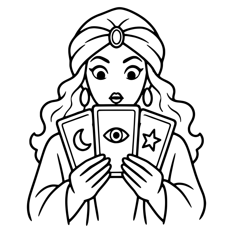Shocked Fortune Teller Peeking Over Three Tarot Cards — free characters SVG cut file